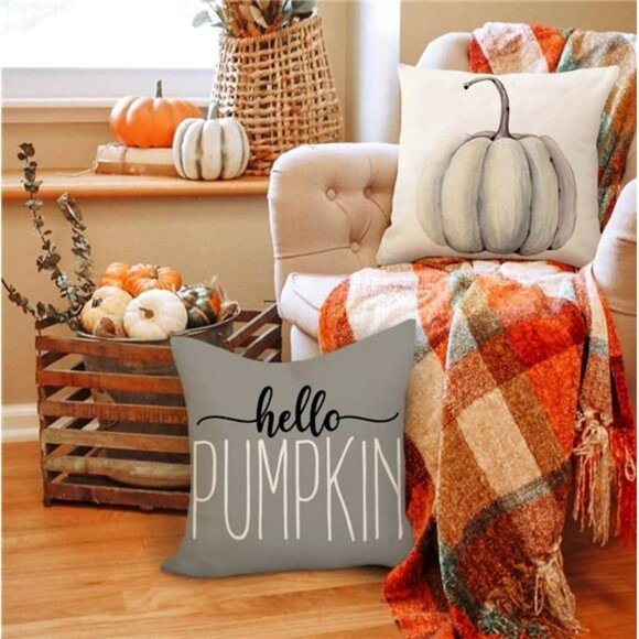 18x18 Set of 4 Gray Pumpkin Pillow Case for Fall Thanksgiving Home Decorative - Picture 5 of 5